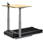 Adjustable height standing desk treadmill with natural wood top, gray metal frame, and black treadmill base with control pane