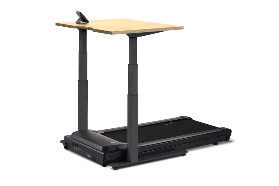 LifeSpan TR1000-Omni Desk Treadmill with black base, adjustable black metal frame, and natural wood desktop on white backgrou