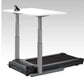 Height-adjustable desk treadmill with white top, gray legs, and black belt base on gray background