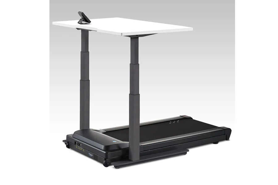 LifeSpan TR1000-Omni desk treadmill with white desktop surface and adjustable black steel base on gray background