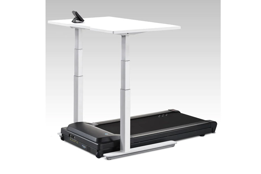 White and gray height-adjustable desk treadmill with black running belt and control panel, featuring adjustable desk surface 