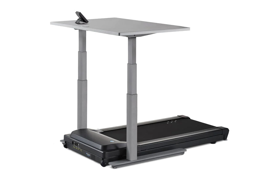 LifeSpan TR1000-Omni desk treadmill with gray adjustable standing desk surface and black belt base on white background