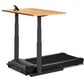 Adjustable standing desk treadmill with natural wood top, black metal frame, and built-in black treadmill base on white backg