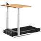 LifeSpan TR1000-Omni Desk Treadmill with black running belt, silver adjustable legs, and natural wood desktop on white backgr