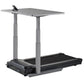 Gray and black desk treadmill with adjustable height gray top and black running belt base, featuring control panel on front a