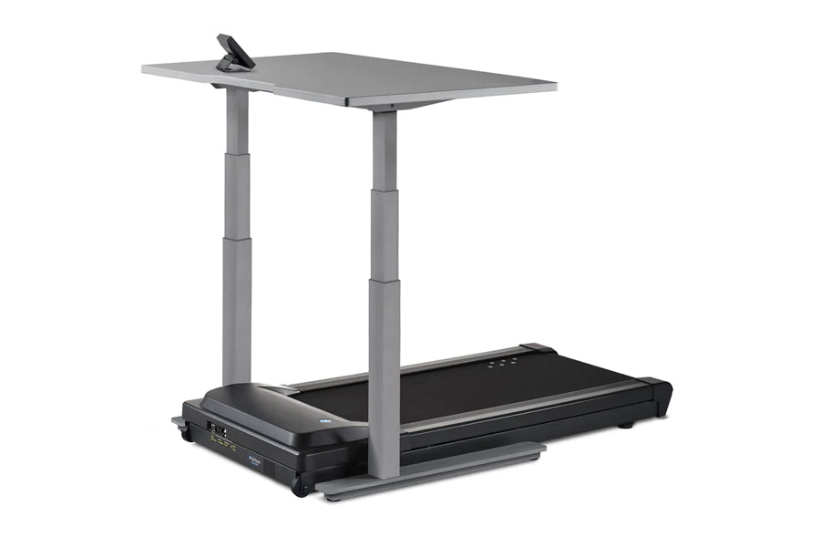 Gray and black desk treadmill with adjustable height gray top and black running belt base, featuring control panel on front a