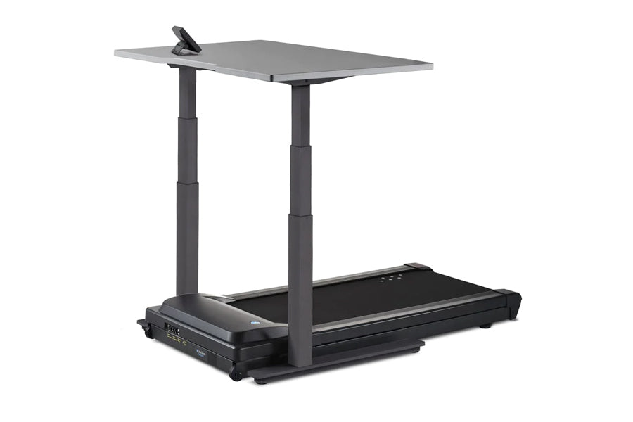 LifeSpan TR1000-Omni Desk Treadmill with black base, gray adjustable desktop, and dual support columns on white background