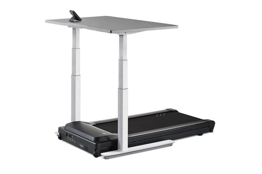LifeSpan TR1000-Omni desk treadmill with black running belt, gray desk surface, and white adjustable metal frame on white bac