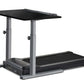 Black treadmill desk with adjustable gray metal frame and dual black work surfaces, on white background