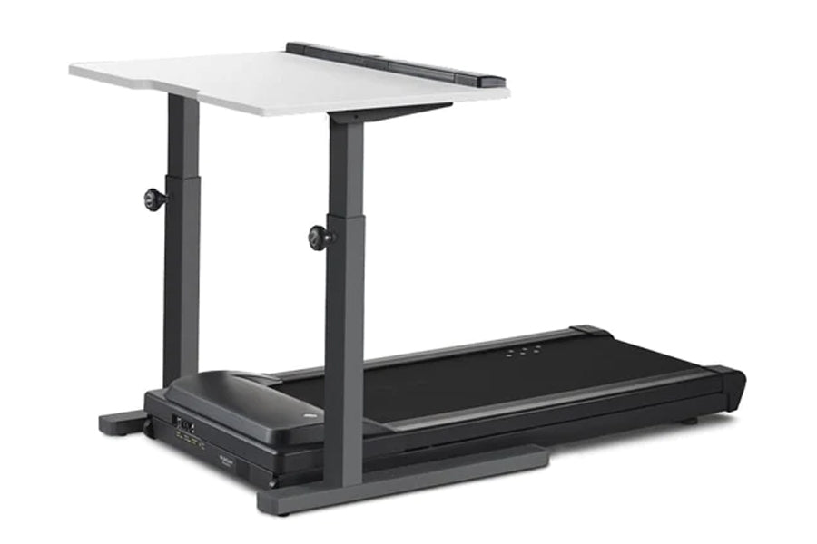 LifeSpan TR1200-Classic treadmill desk with white adjustable desktop, black frame and treadmill base on white background