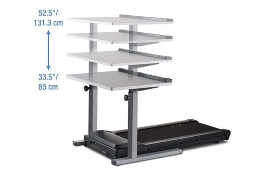 LifeSpan TR1200-Classic treadmill desk with black base, gray metal frame, and four adjustable shelves, 52.5 inches tall