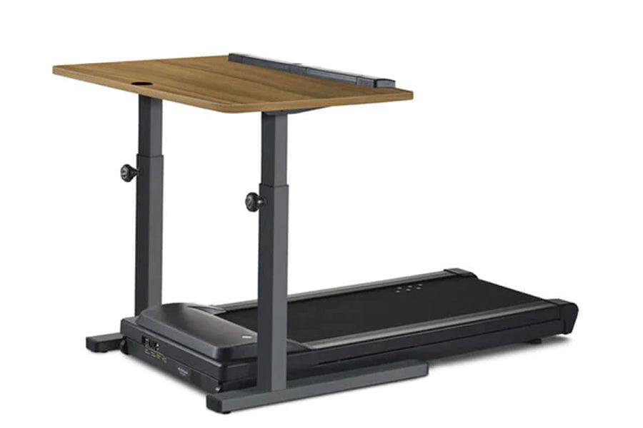 Adjustable wooden treadmill desk with black metal frame and built-in treadmill base on white background