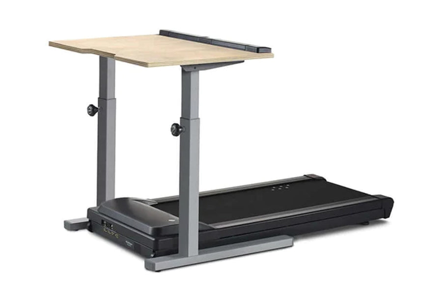 LifeSpan TR1200-Classic treadmill desk with natural wood top, gray metal frame, black treadmill belt, and height-adjustable d