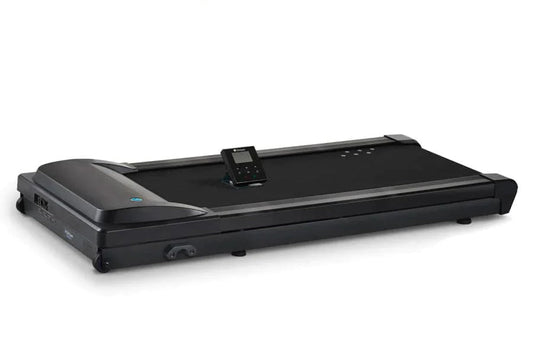 Black under-desk treadmill with digital control panel, black running belt, and gray accents on white background