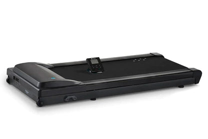 Black under-desk treadmill with curved motor housing, black running belt, digital control panel, and wheels for portability o