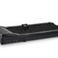 Black under-desk treadmill with curved motor housing on left, black walking surface, digital control panel mounted on top, an