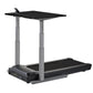 Black and gray desk treadmill with adjustable height columns, black platform, and upper work surface on white background