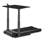 Black desk treadmill with adjustable standing desk platform and control panel, shown on white background