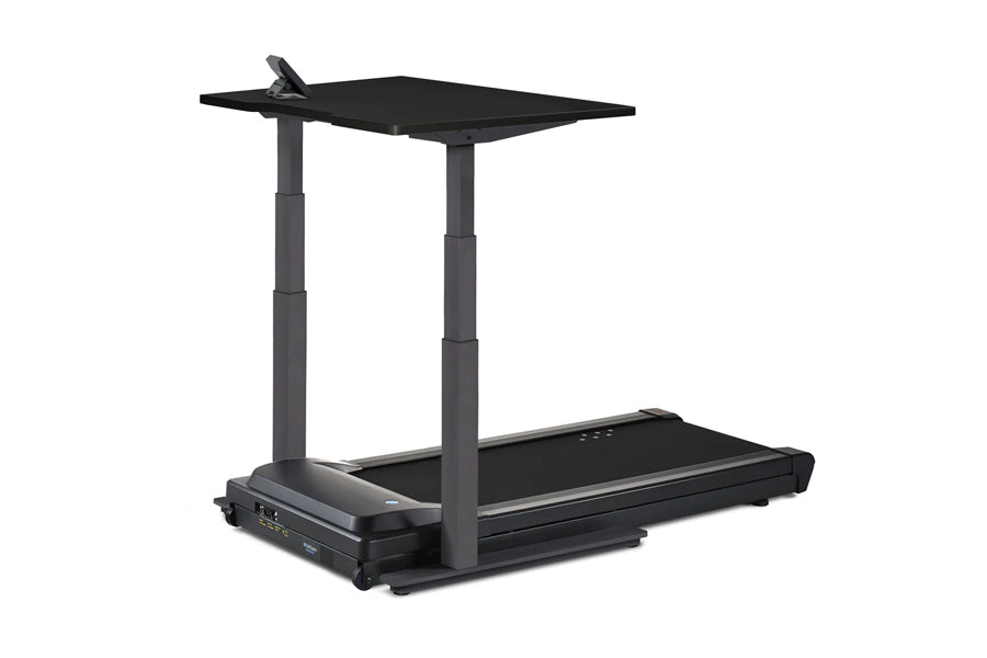 Black desk treadmill with adjustable standing desk platform and control panel, shown on white background