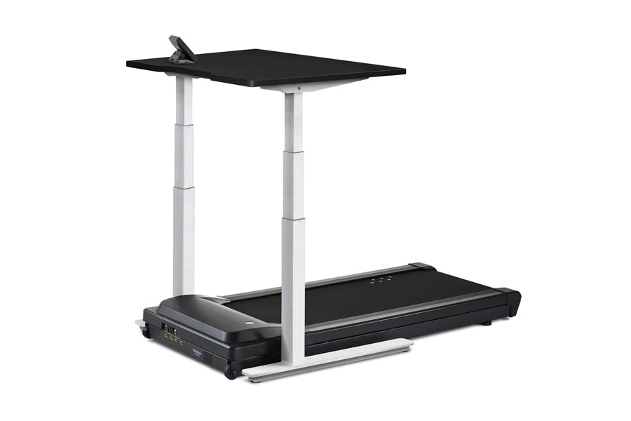LifeSpan TR1200-Omni black and gray desk treadmill with adjustable black desktop shelf on white background