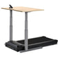 Height-adjustable desk treadmill with light wood top, gray steel frame, and black motorized treadmill base on white backgroun