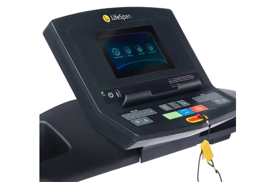 LifeSpan TR1200i black folding treadmill console with blue touchscreen display and colorful control buttons on white backgrou