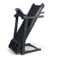 Black folding treadmill with gray accents, digital display panel, and handrails on white background