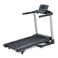 Black and silver folding treadmill with digital display console, handrails, and black running deck on white background