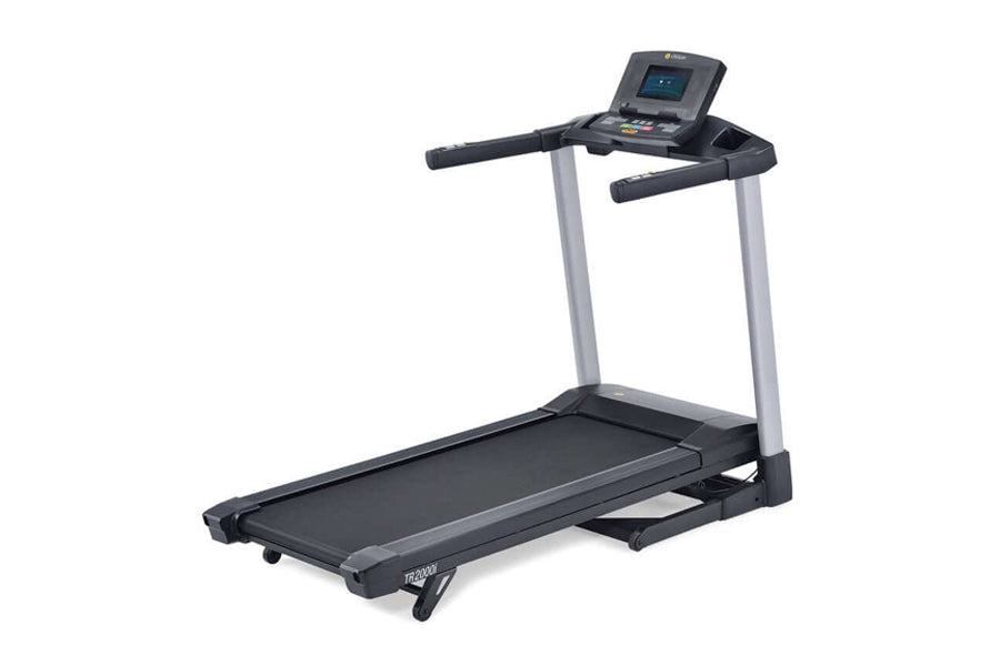 Black and silver folding treadmill with digital display console, handrails, and black running deck on white background