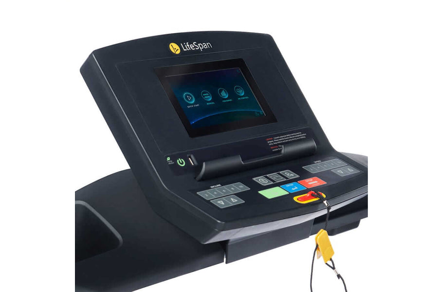 LifeSpan TR2000i treadmill console with black frame, touchscreen display, and colorful control buttons on white background