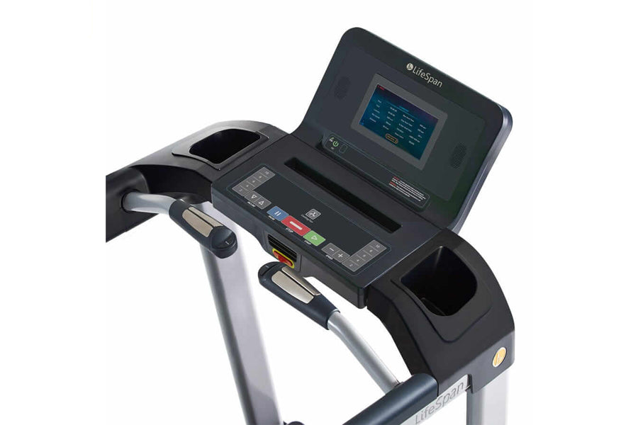 LifeSpan TR3000i treadmill console with blue digital display, black control panel, and silver frame on white background
