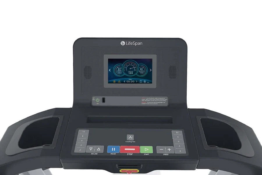LifeSpan TR4000i folding treadmill with digital display screen showing workout metrics and control console with buttons on wh