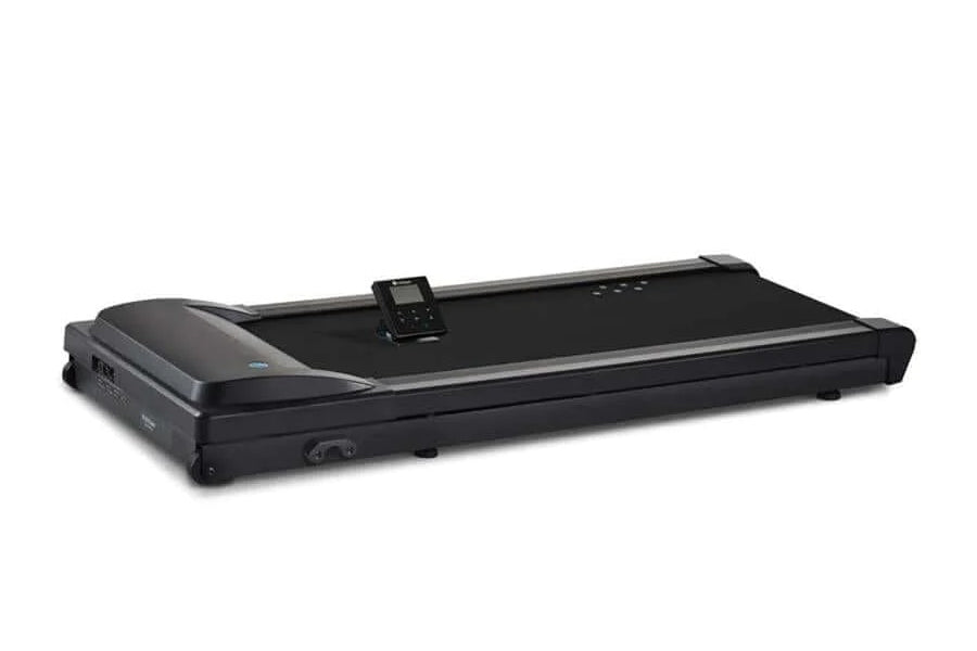 Black under-desk treadmill with curved motor housing on left, black running belt, digital control panel, and gray trim on whi