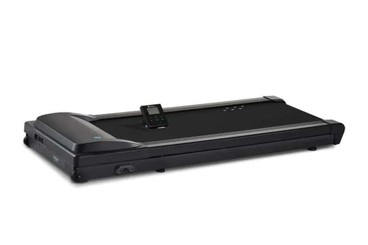 Black under-desk treadmill with curved motor housing on left, black running belt, digital control panel, and gray trim on whi