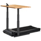 Standing desk treadmill with natural wood top, black metal frame and base, integrated treadmill belt, adjustable height legs 