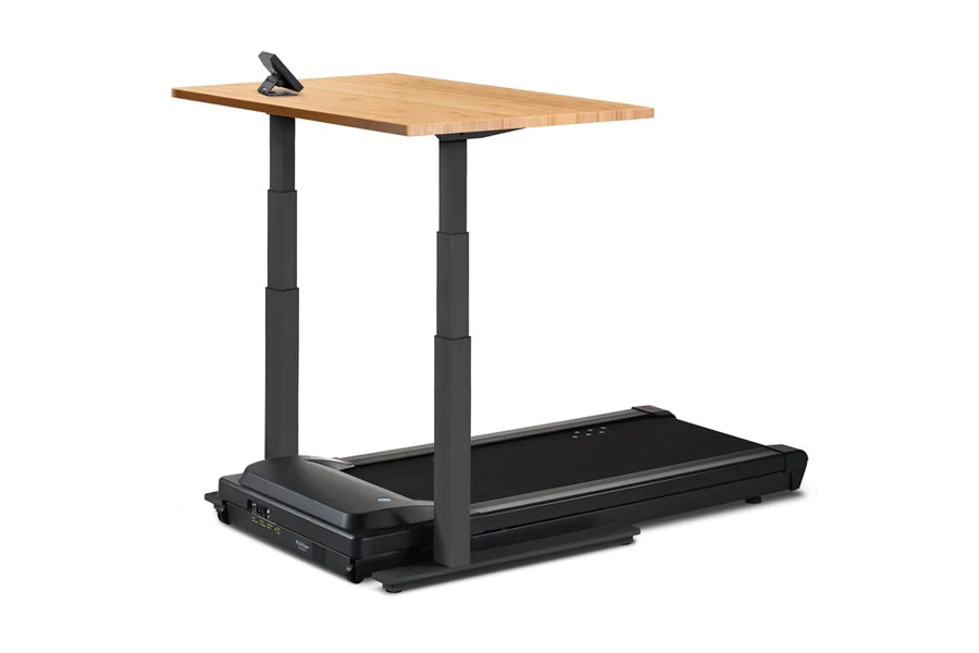 Standing desk treadmill with natural wood top, black metal frame and base, integrated treadmill belt, adjustable height legs 