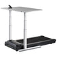 LifeSpan TR5000-Omni Desk Treadmill with black running belt, gray desktop surface, and adjustable white metal frame on white 