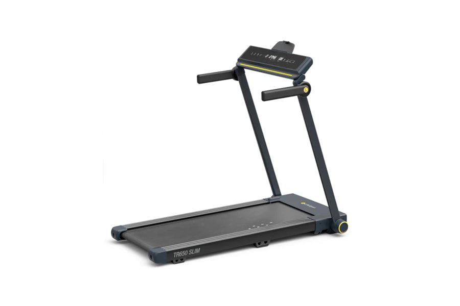 Black LifeSpan TR650 Slim foldable treadmill with digital display console and yellow accents on white background