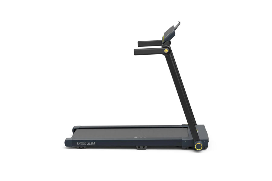 LifeSpan TR650 Slim black foldable treadmill with dual handles and gold accents on white background