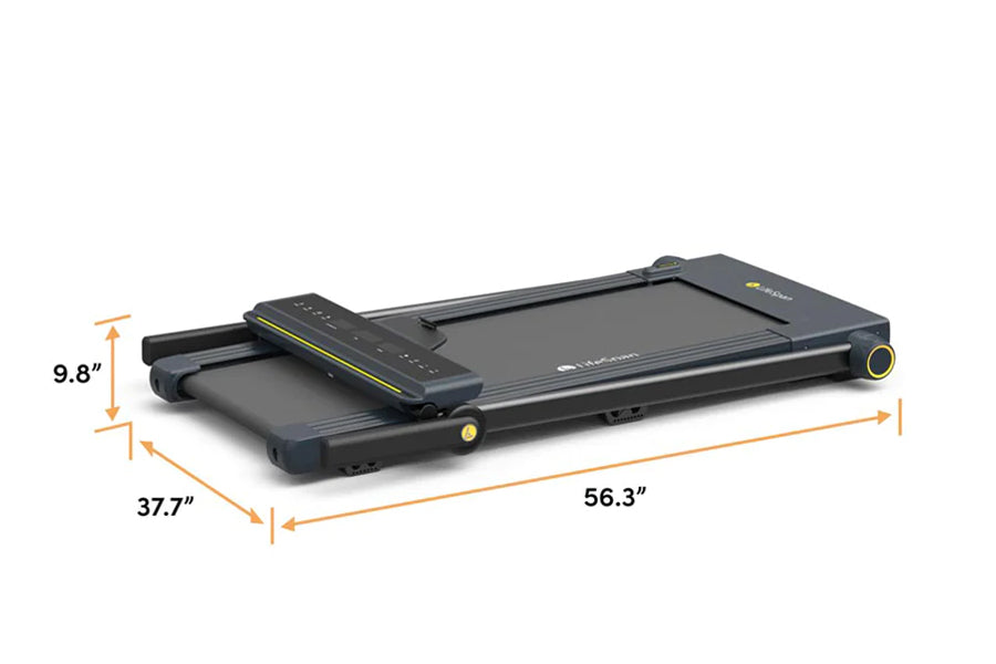LifeSpan TR650 Slim Foldable Treadmill in black with yellow accents, shown folded with dimensions labeled on white background