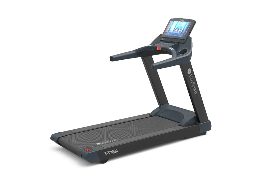 Black LifeSpan TR7000iM commercial treadmill with digital console display and red emergency stop button on white background