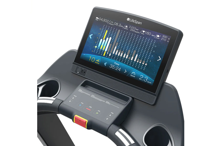LifeSpan TR7000iM commercial treadmill console displaying workout metrics and stats on digital screen