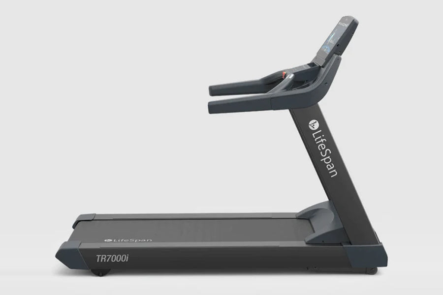 LifeSpan TR7000i black commercial treadmill with grey accents and digital console, side view on white background