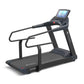 Black commercial treadmill with digital display console, dual handrails, and wide running deck on white background