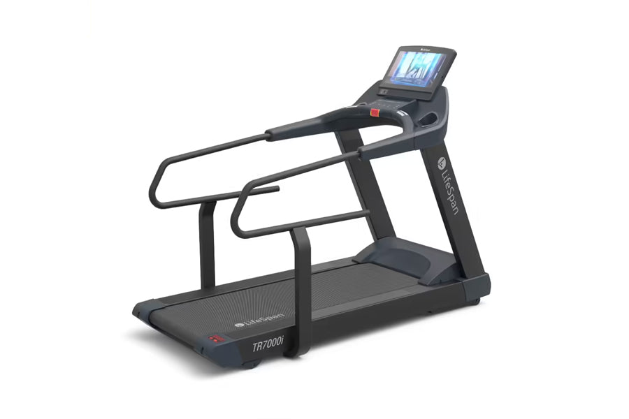 Black commercial treadmill with digital display console, dual handrails, and wide running deck on white background