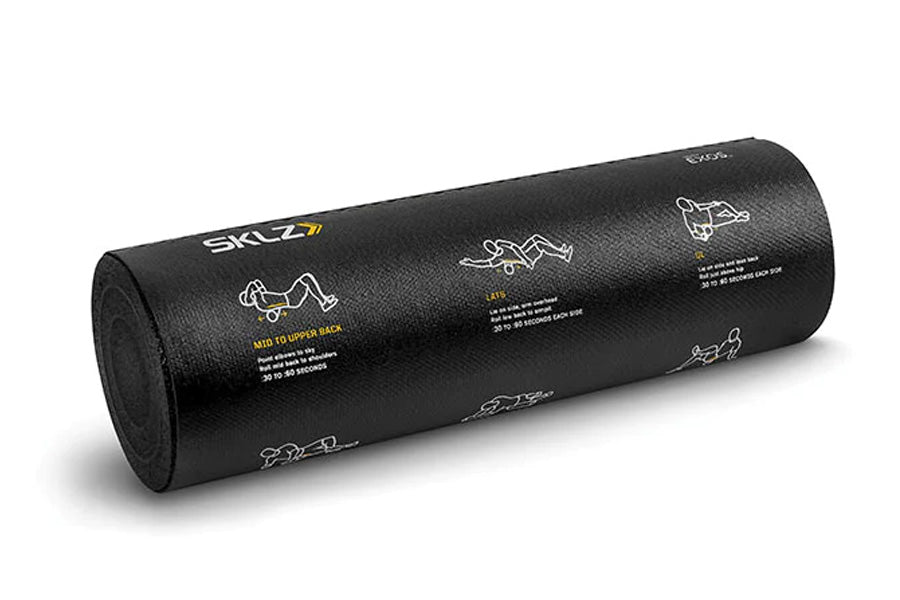 SKLZ black cylindrical foam roller with white instructional diagrams and yellow text on white background