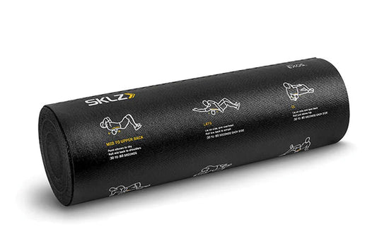 SKLZ black cylindrical foam roller with white instructional diagrams and yellow text on white background