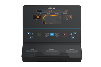 TRUE CS400 commercial treadmill console with digital display showing time, distance, calories, and heart rate metrics on blac