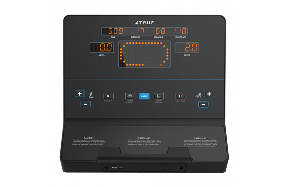 TRUE CS900 commercial treadmill with digital display showing time, distance, calories, and heart rate, orange LED buttons, an
