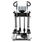 TRUE ES700 elliptical machine with silver frame, black handles and footpeds, digital console display, front view on white bac